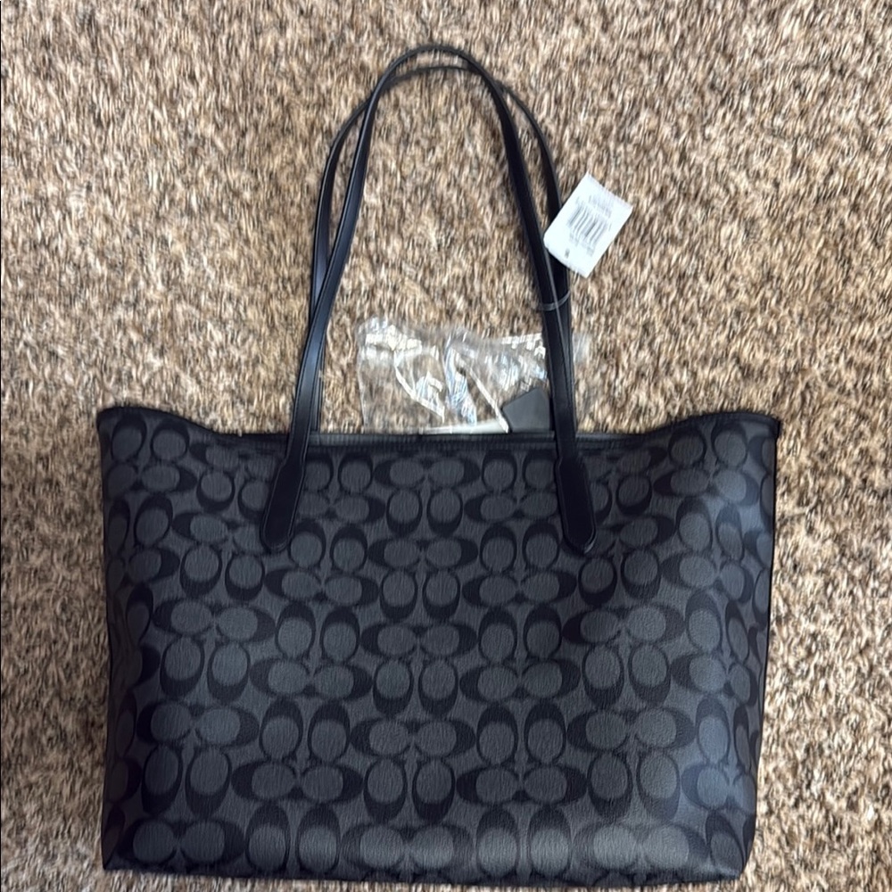 Coach city tote in black/ silver/ maroon interior